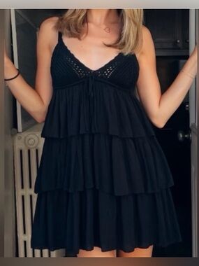 Zara Black Crochet-Tiered Spaghetti-Strap Mini Dress